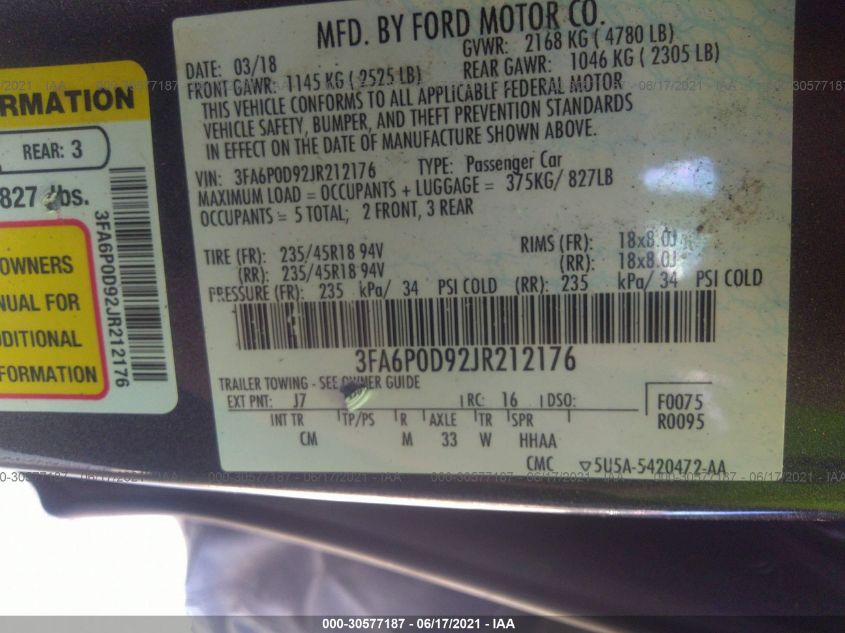 2018 FORD FUSION TITANIUM 3FA6P0D92JR212176