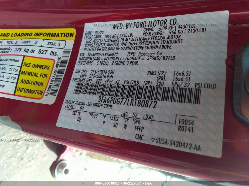 2020 FORD FUSION S 3FA6P0G77LR180872