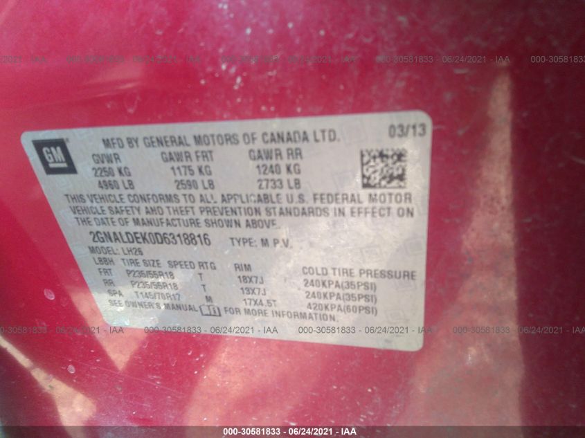 2013 CHEVROLET EQUINOX LT 2GNALDEK0D6318816