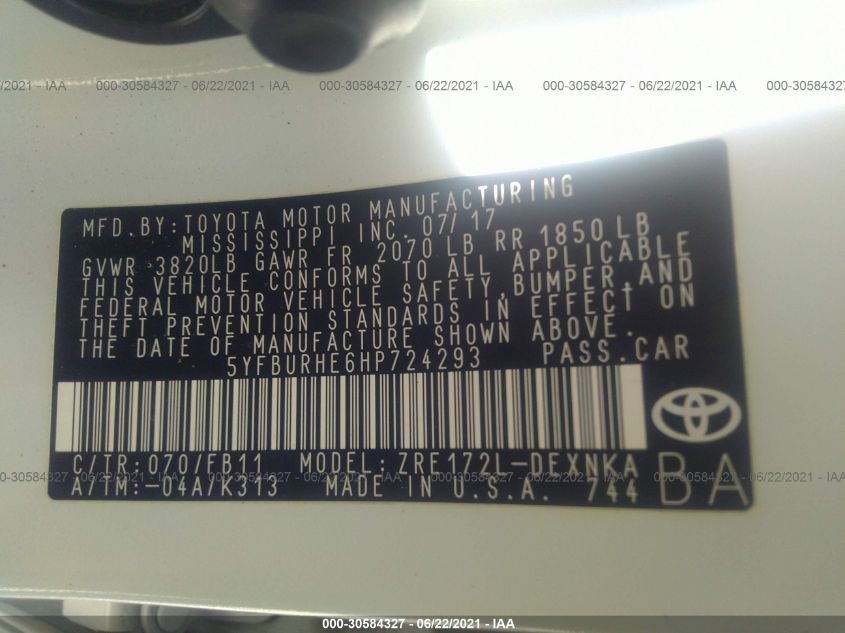 2017 TOYOTA COROLLA L/LE/XLE/SE 5YFBURHE6HP724293
