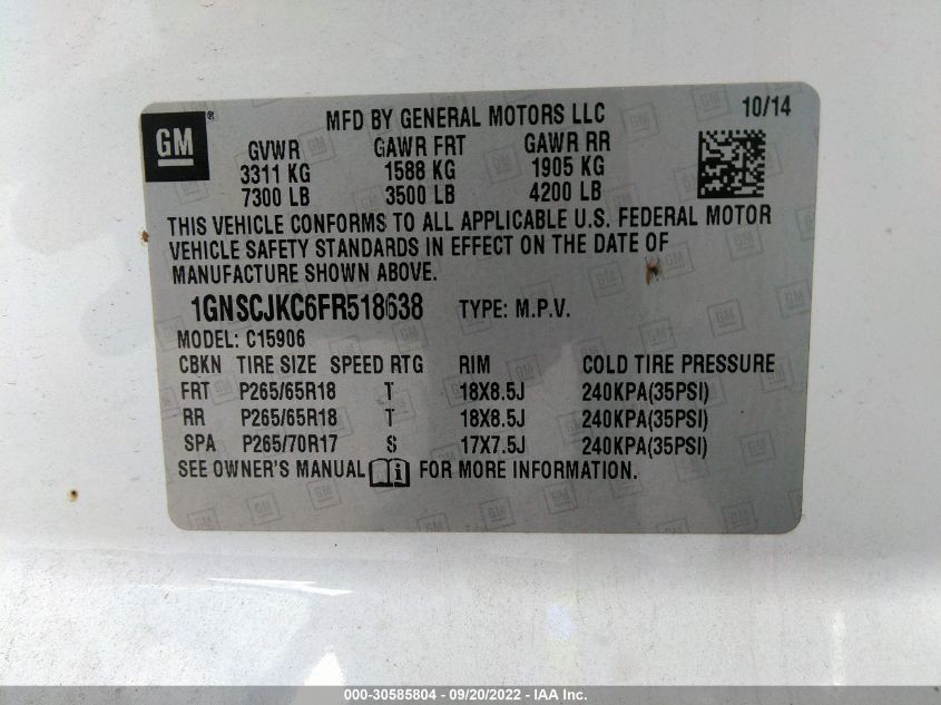 2015 CHEVROLET SUBURBAN LT 1GNSCJKC6FR518638