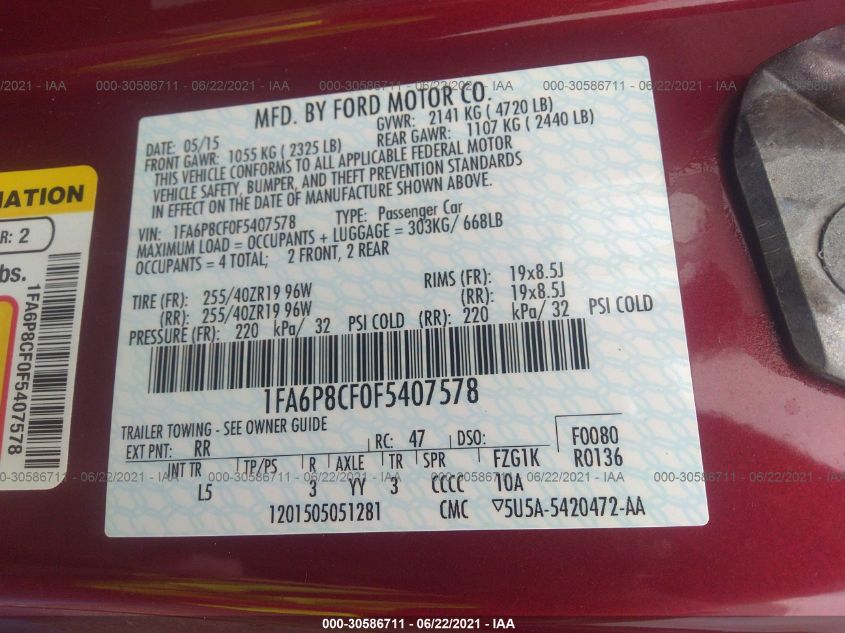 2015 FORD MUSTANG GT 1FA6P8CF0F5407578