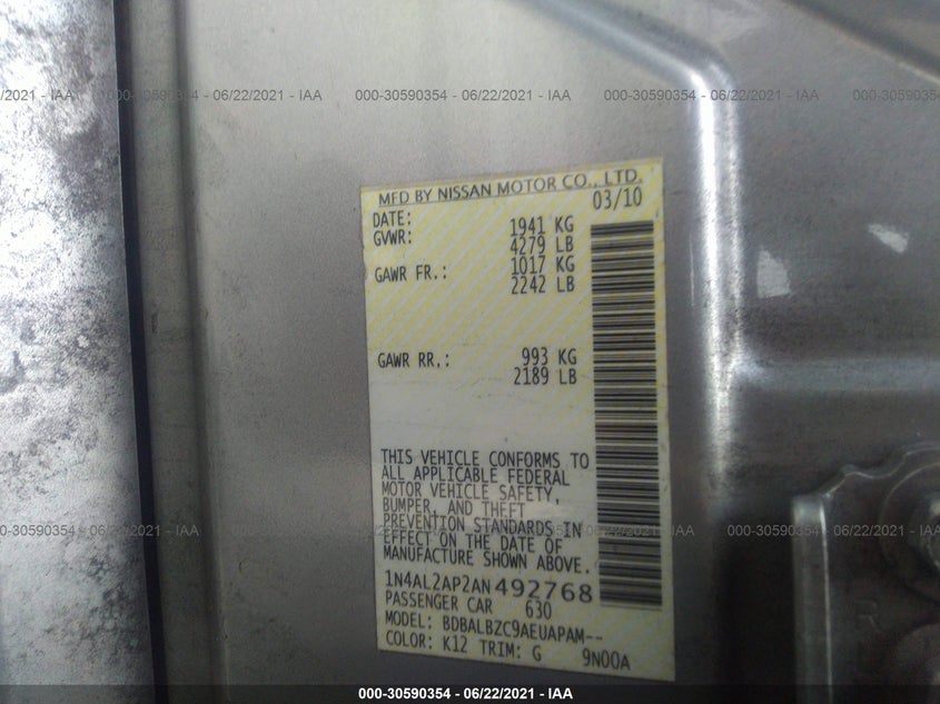2010 NISSAN ALTIMA VIN: 1N4AL2AP2AN492768