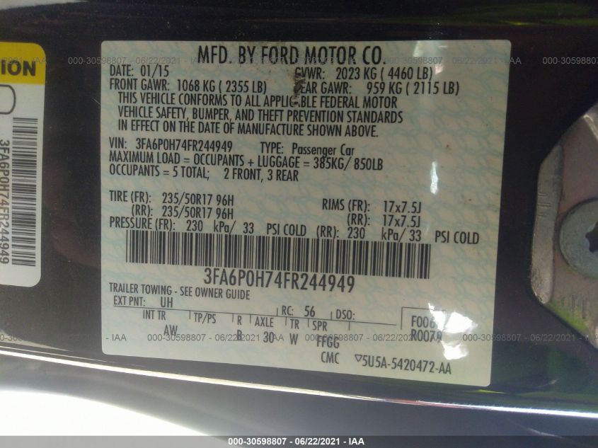 2015 FORD FUSION SE 3FA6P0H74FR244949