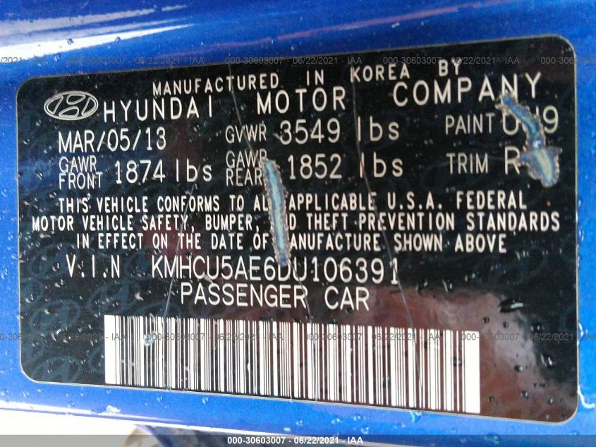2013 HYUNDAI ACCENT SE KMHCU5AE6DU106391