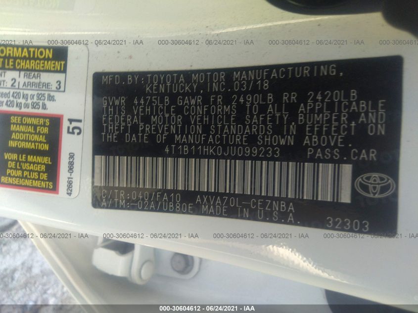 2018 TOYOTA CAMRY LE/SE/XLE/L 4T1B11HK0JU099233