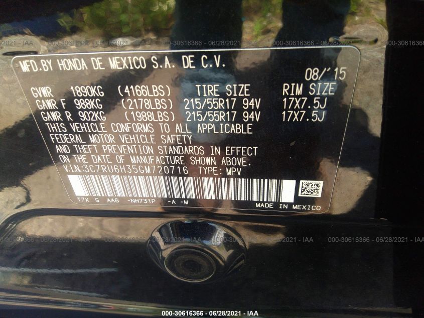 2016 HONDA HR-V LX 3CZRU6H35GM720716