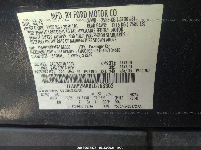 2014 FORD SEDAN POLICE INTERCEPTOR 1FAHP2MK8EG168303