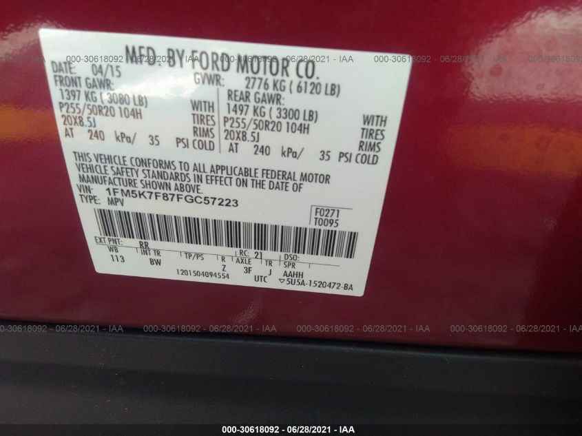 2015 FORD EXPLORER LIMITED 1FM5K7F87FGC57223