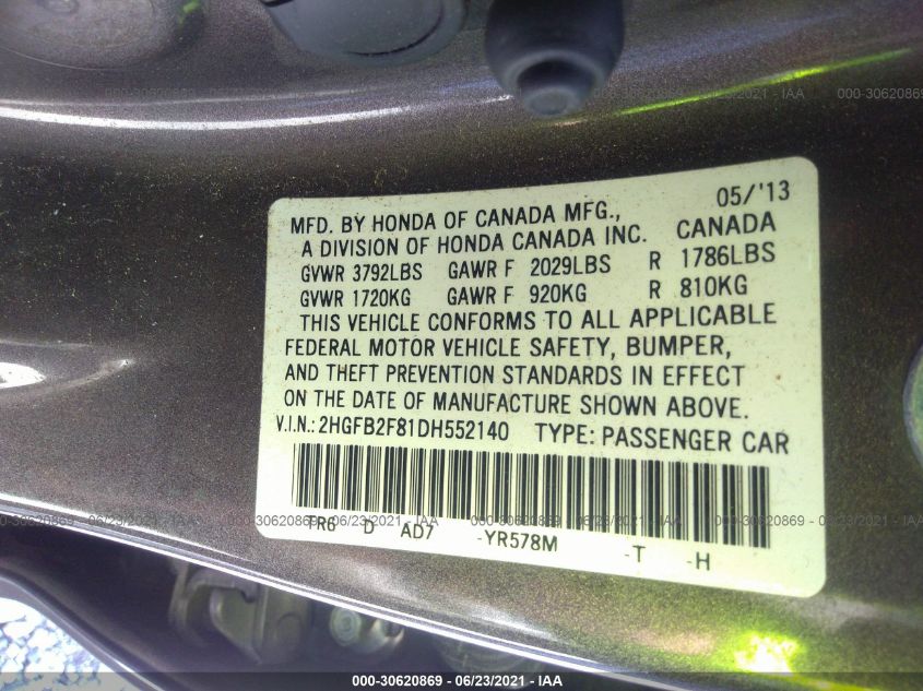 2013 HONDA CIVIC SDN EX 2HGFB2F81DH552140