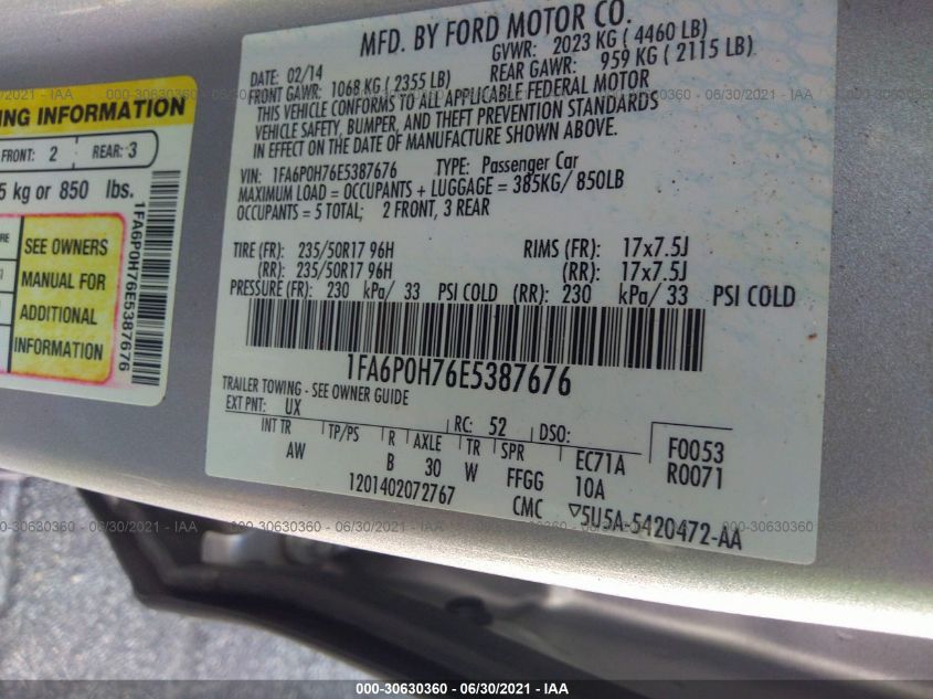 2014 FORD FUSION SE 1FA6P0H76E5387676