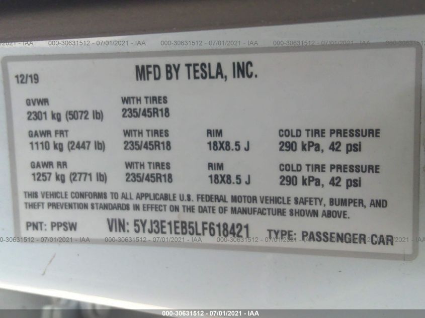 2020 TESLA MODEL 3 LONG RANGE 5YJ3E1EB5LF618421