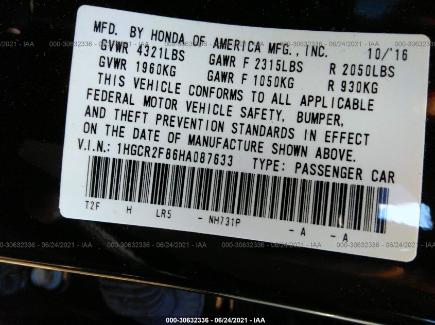 2017 HONDA ACCORD SEDAN EX-L 1HGCR2F86HA087633