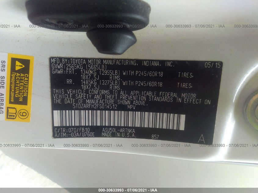 2015 TOYOTA HIGHLANDER LE 5TDZARFH2FS014512