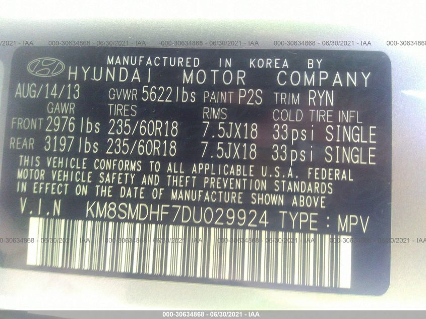 2013 HYUNDAI SANTA FE GLS KM8SMDHF7DU029924
