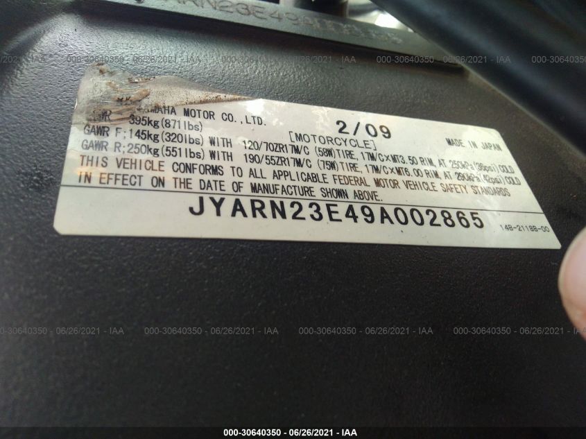 2009 YAMAHA YZFR1 JYARN23E49A002865