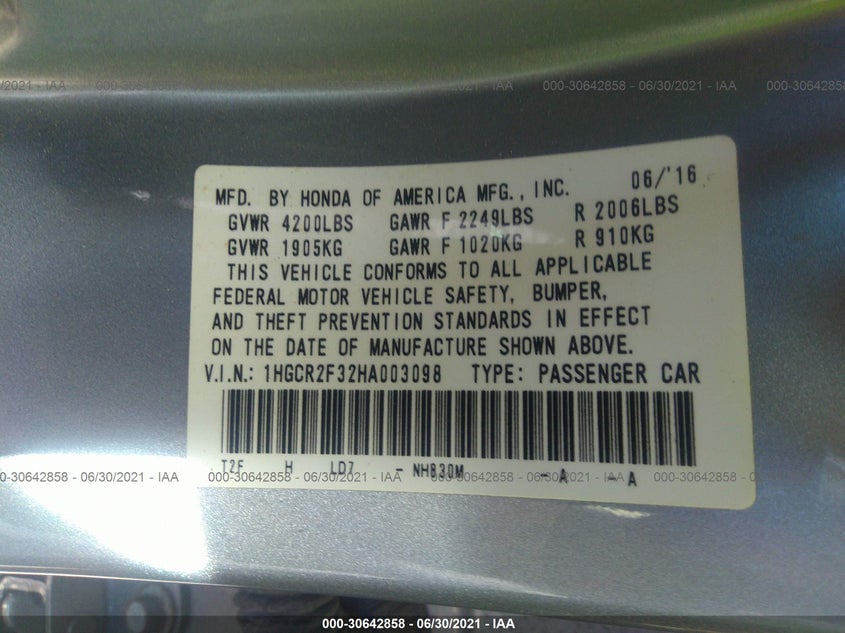 2017 HONDA ACCORD SEDAN VIN: 1HGCR2F32HA003098