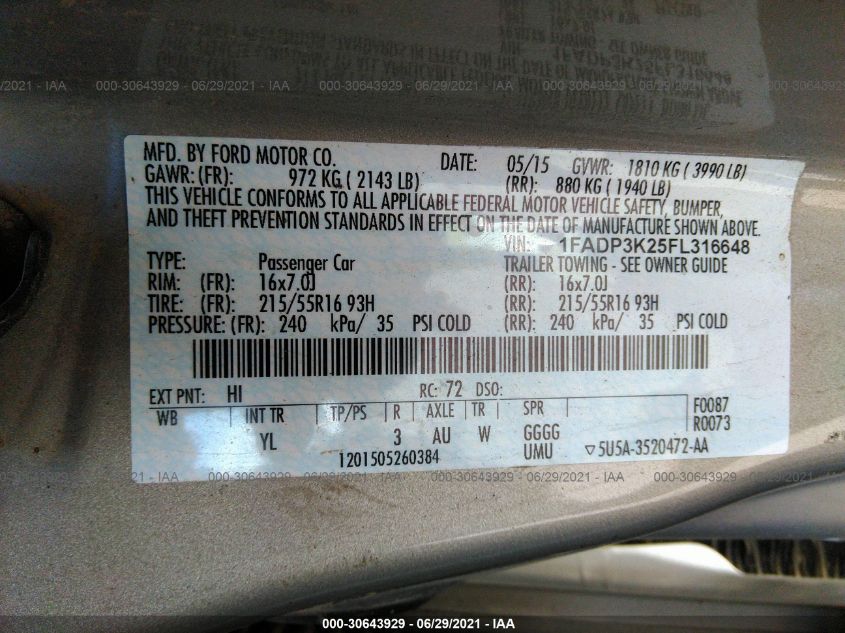 2015 FORD FOCUS SE 1FADP3K25FL316648