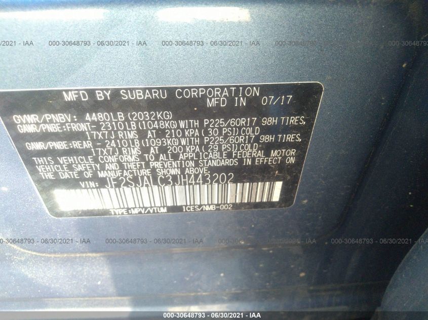 2018 SUBARU FORESTER LIMITED JF2SJALC3JH443202