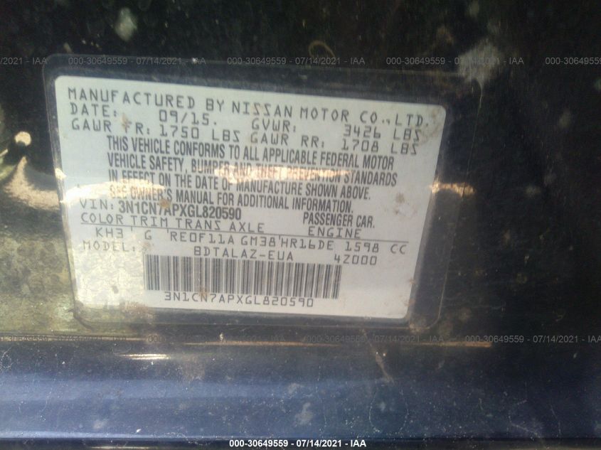 2016 NISSAN VERSA S PLUS 3N1CN7APXGL820590