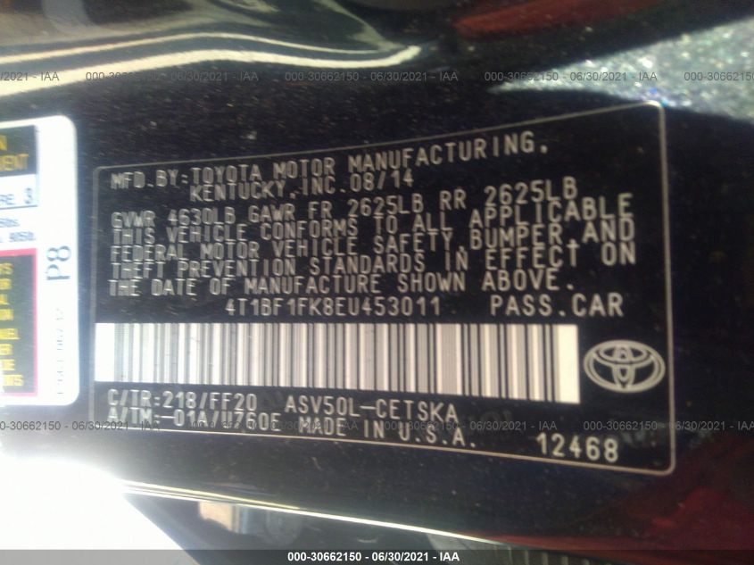 2014 TOYOTA CAMRY L/LE/XLE/SE/SE SPORT 4T1BF1FK8EU453011