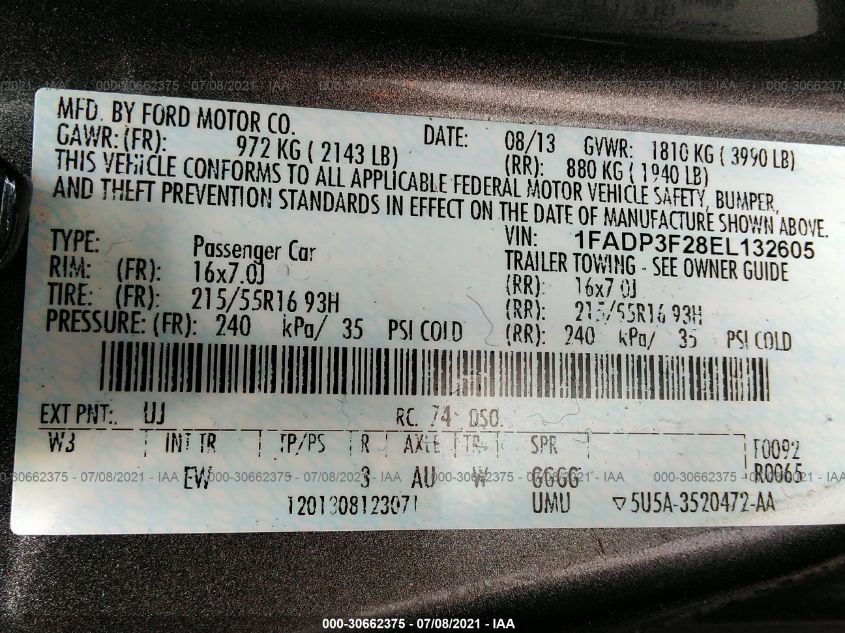 2014 FORD FOCUS SE 1FADP3F28EL132605