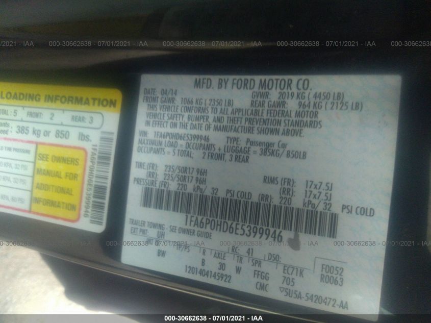 2014 FORD FUSION SE 1FA6P0HD6E5399946