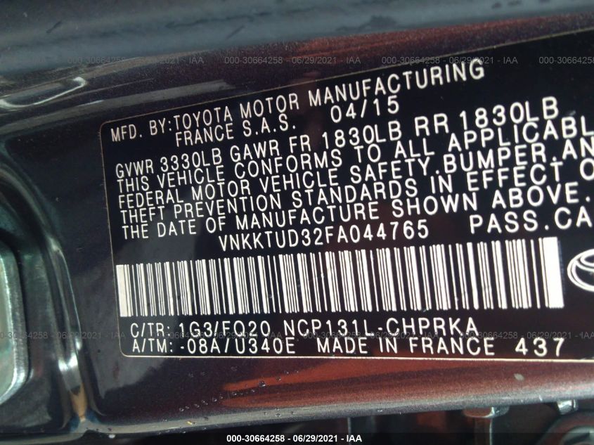 2015 TOYOTA YARIS L/SE/LE VNKKTUD32FA044765