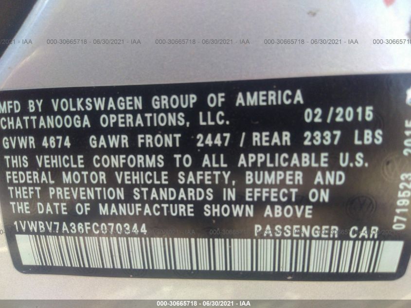 2015 VOLKSWAGEN PASSAT 2.0L TDI SE W/SUNROOF 1VWBV7A36FC070344