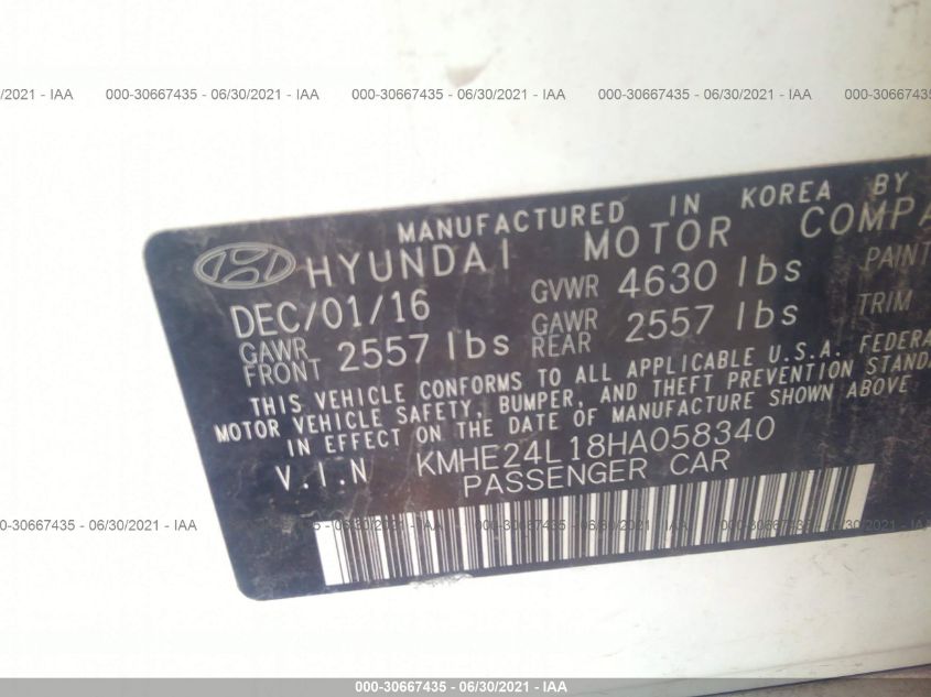 2017 HYUNDAI SONATA HYBRID SE KMHE24L18HA058340