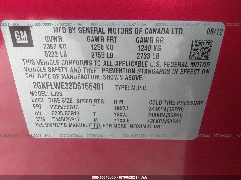 2013 GMC TERRAIN SLT 2GKFLWE32D6166481