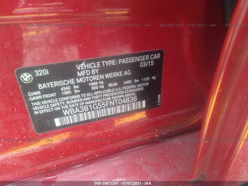 2015 BMW 3 SERIES 320I WBA3B1G55FNT04836
