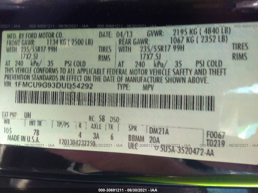2013 FORD ESCAPE SE 1FMCU9G93DUD54292