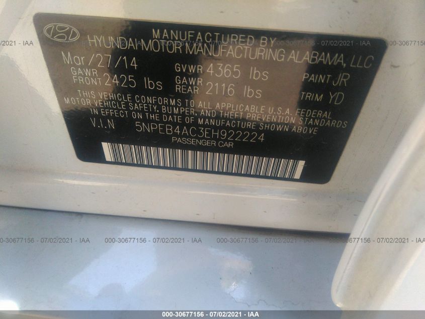 2014 HYUNDAI SONATA GLS 5NPEB4AC3EH922224