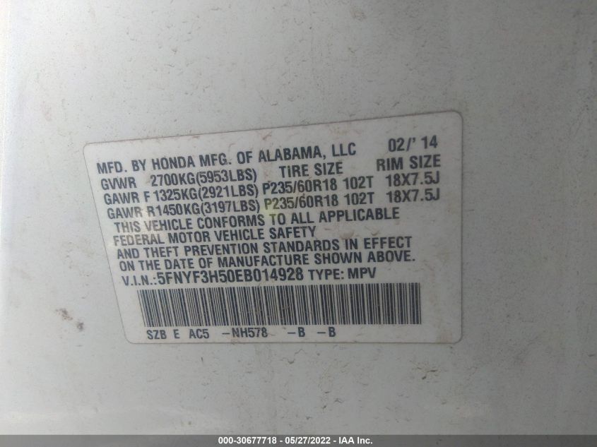 2014 HONDA PILOT EX-L 5FNYF3H50EB014928