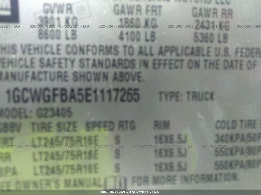 2014 CHEVROLET EXPRESS CARGO VAN 1GCWGFBA5E1117265