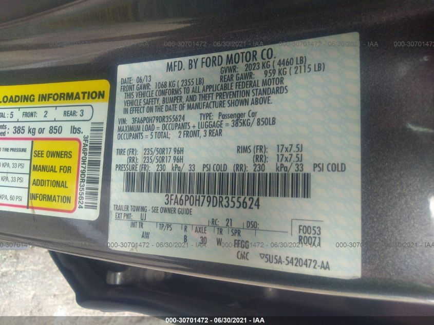 2013 FORD FUSION SE 3FA6P0H79DR355624