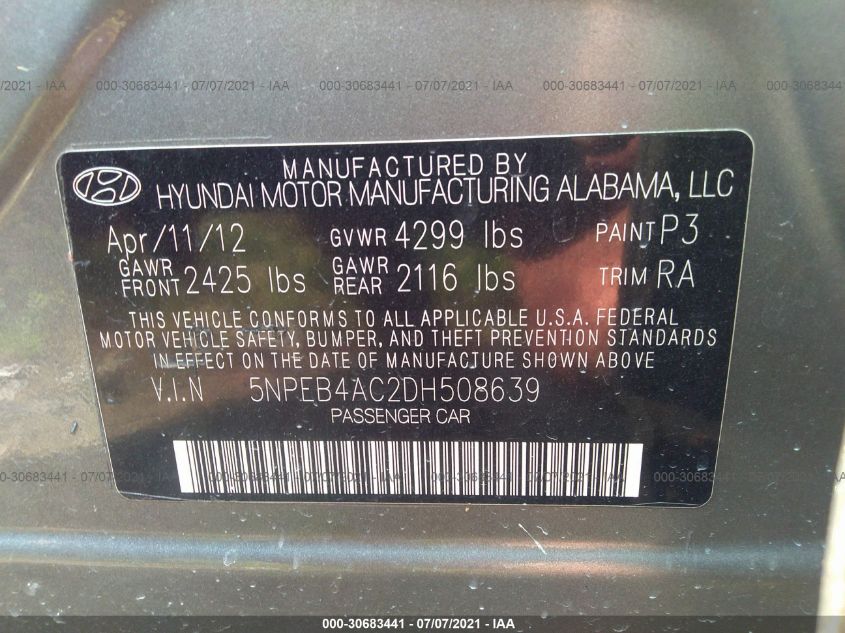 2013 HYUNDAI SONATA GLS 5NPEB4AC2DH508639