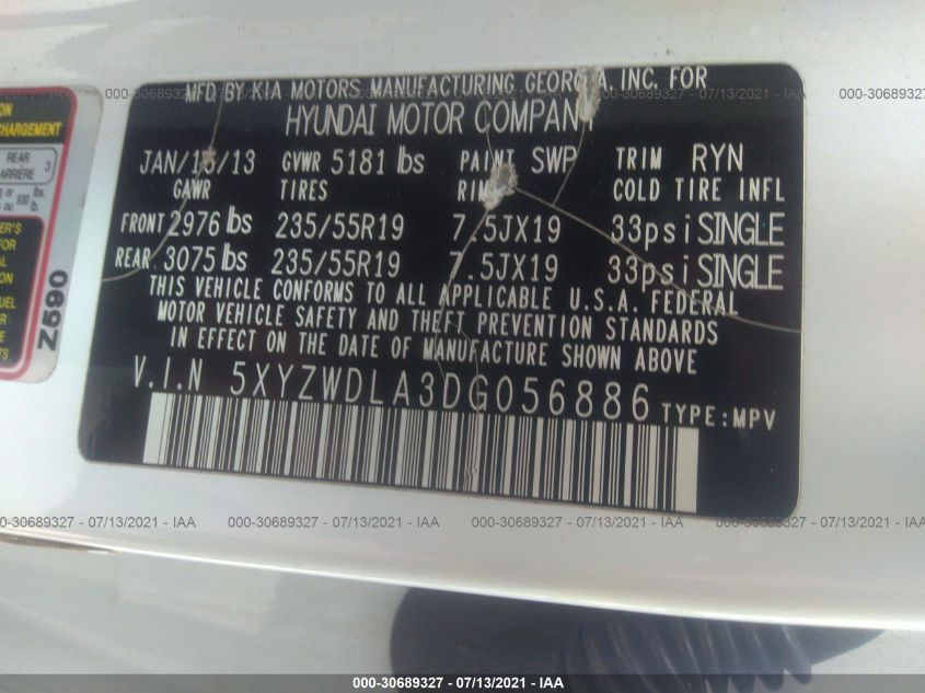 2013 HYUNDAI SANTA FE 2.0T SPORT W/SADDLE INT 5XYZWDLA3DG056886