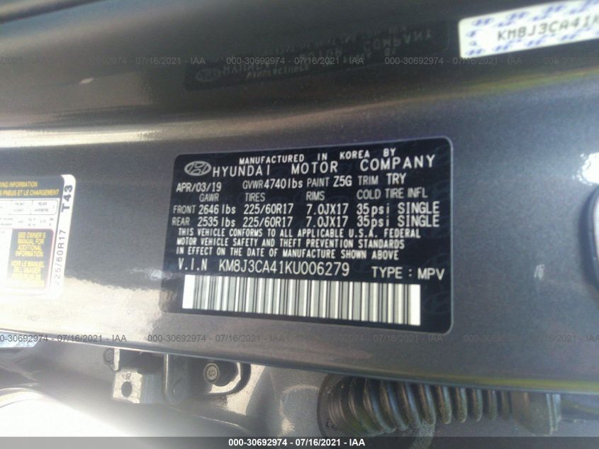 2019 HYUNDAI TUCSON VALUE KM8J3CA41KU006279