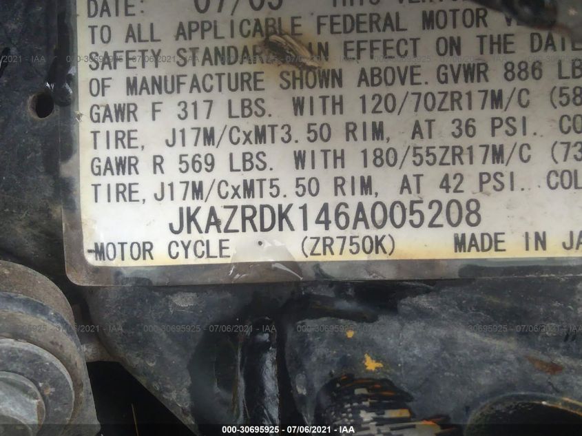 2006 KAWASAKI ZR750 K6F JKAZRDK146A005208