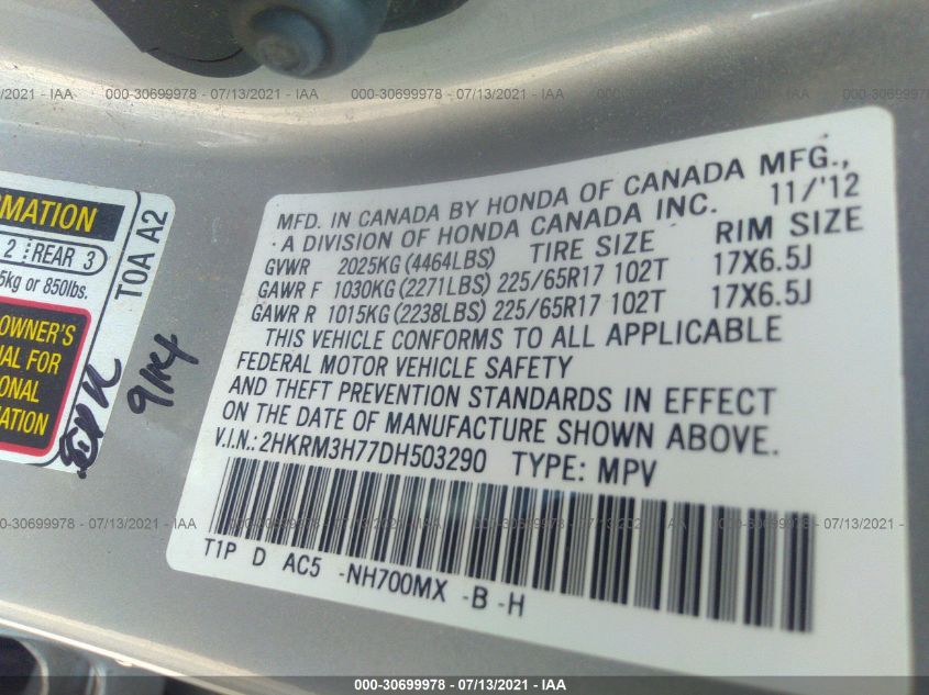 2013 HONDA CR-V EX-L 2HKRM3H77DH503290