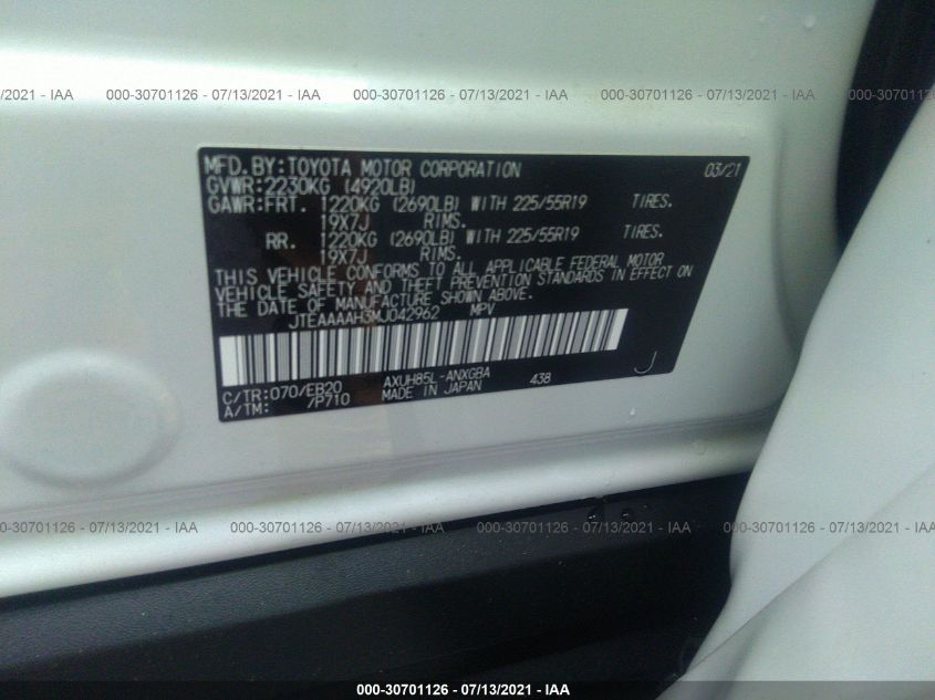 2021 TOYOTA VENZA LIMITED JTEAAAAH3MJ042962