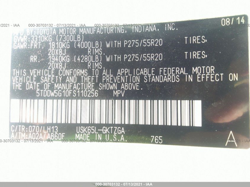 2015 TOYOTA SEQUOIA PLATINUM 5TDDW5G10FS110256
