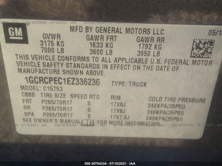 2014 CHEVROLET SILVERADO 1500 WORK TRUCK 1GCRCPEC1EZ336236