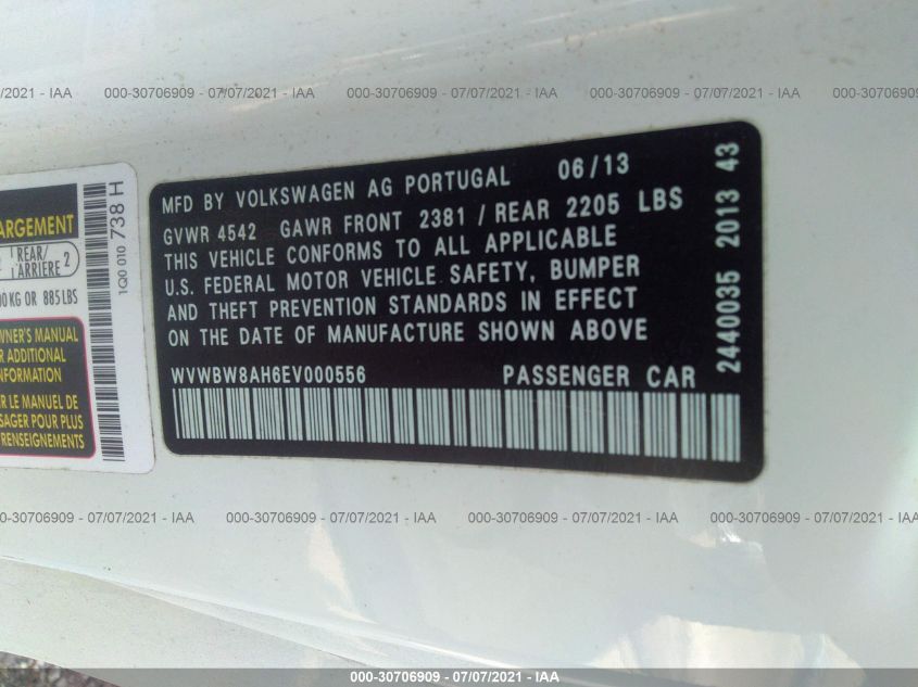 2014 VOLKSWAGEN EOS KOMFORT WVWBW8AH6EV000556