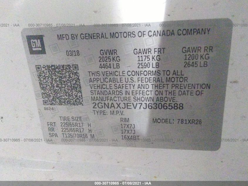 Auction sale of the 2018 CHEVROLET EQUINOX , vin: 2GNAXJEV7J6306588, lot number: 30710985