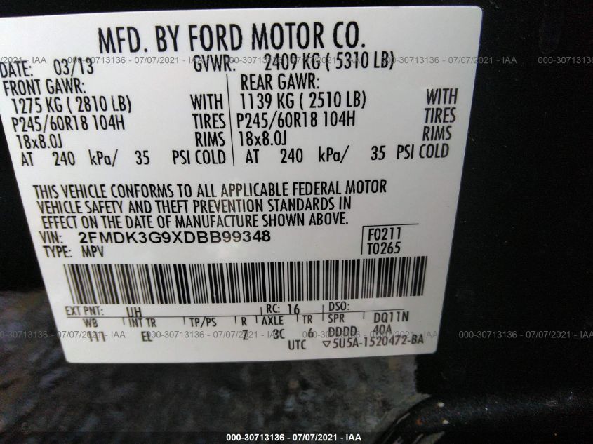 2013 FORD EDGE SE 2FMDK3G9XDBB99348