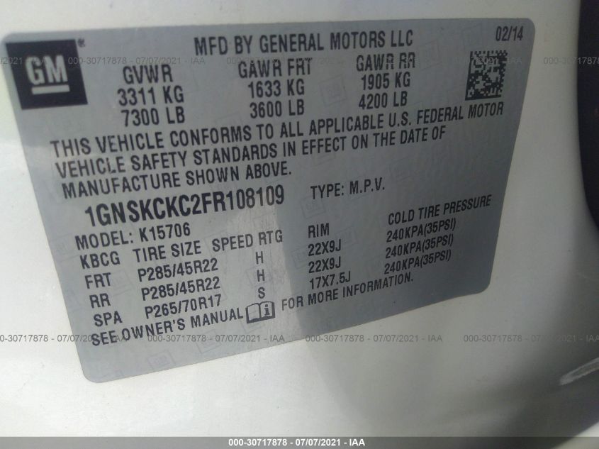 2015 CHEVROLET TAHOE LTZ 1GNSKCKC2FR108109