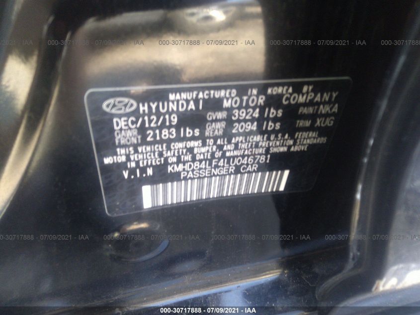 2020 HYUNDAI ELANTRA SEL KMHD84LF4LU046781